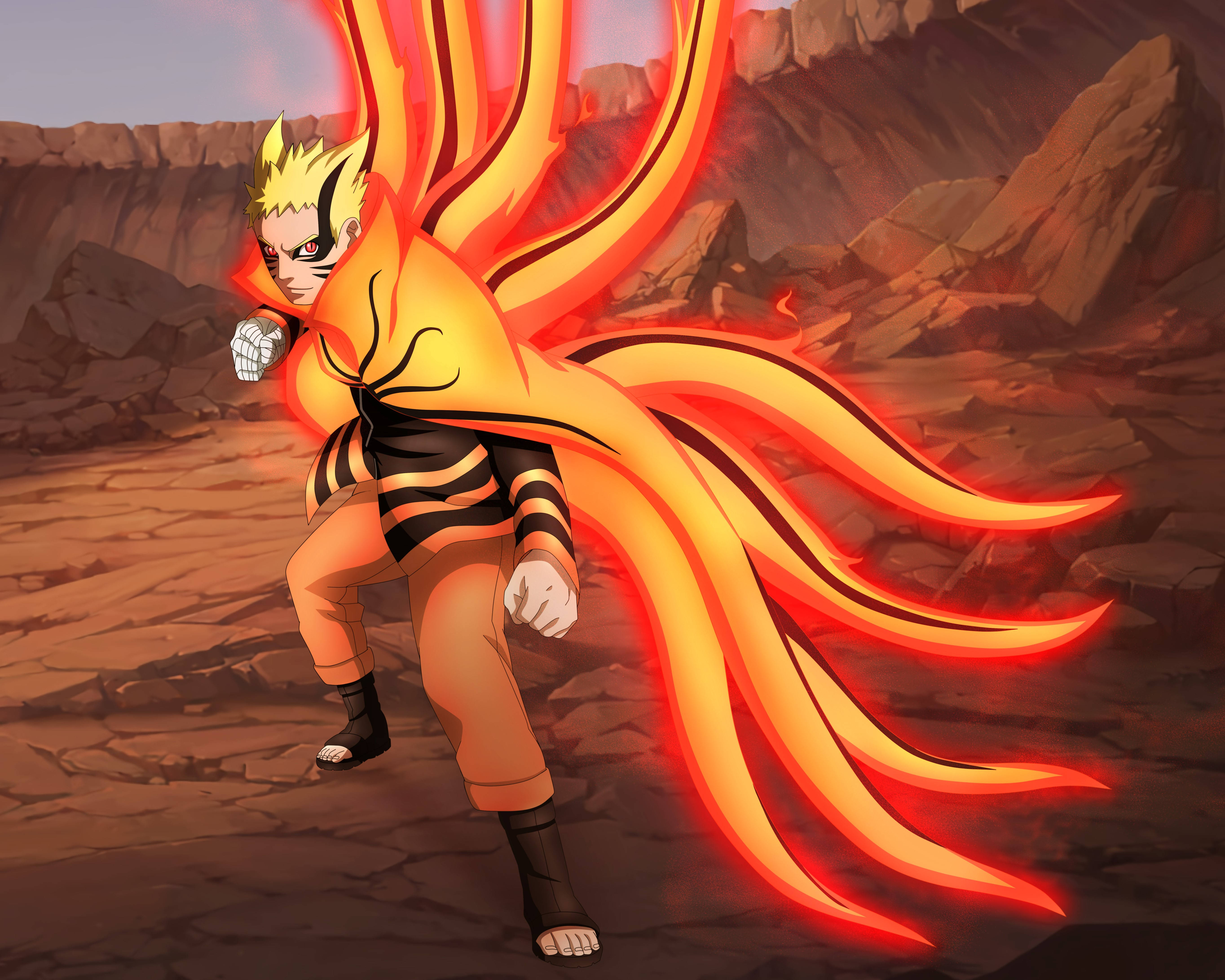Naruto Nine Tails 桌布 壁紙 — 動漫角色鳴人以九尾查克拉模式強勢站立在岩石沙漠景觀中，帶有火熱的橙色和紅色查克拉尾巴。