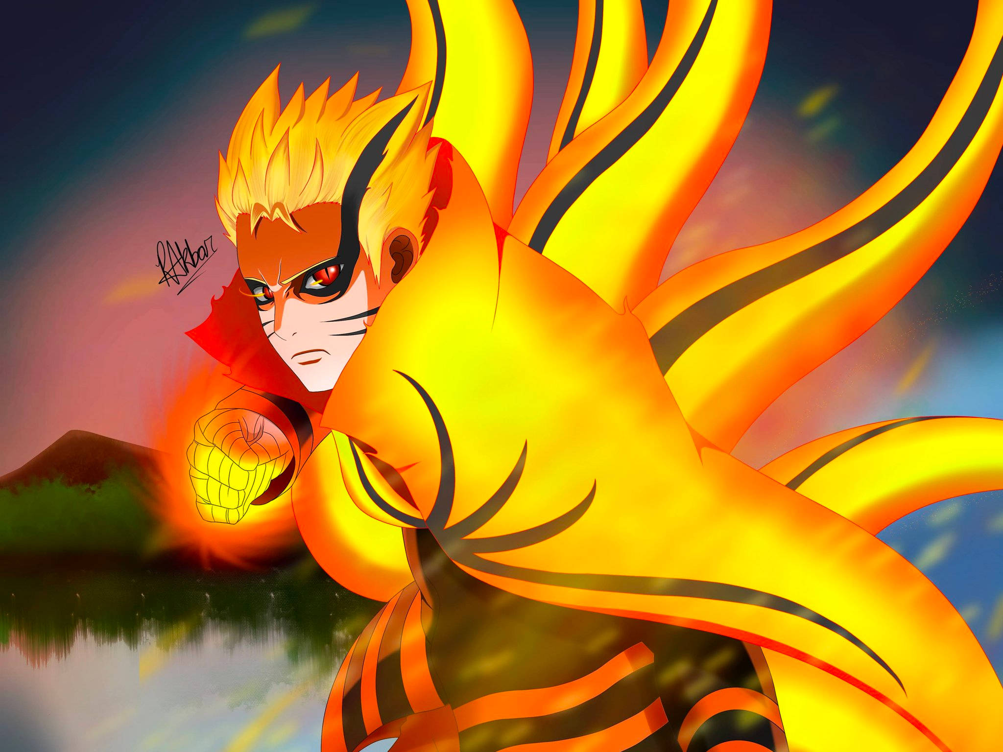 Naruto Final Form 桌布 壁紙 — 動漫角色鳴人以九尾查克拉模式強勢站立，背景是暮色天空，帶有火橙色和黃色的查克拉尾巴。