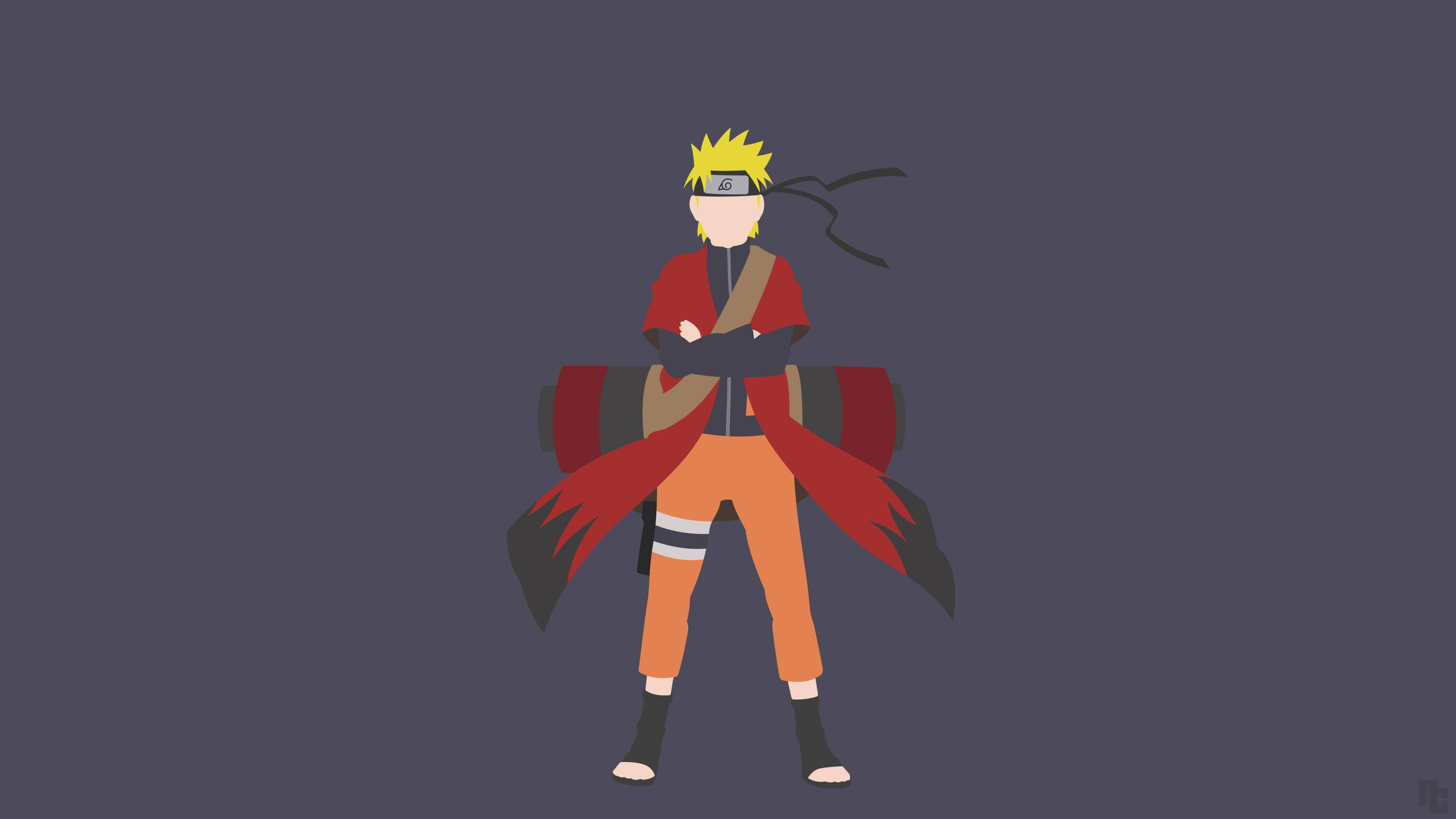 Clan 桌布 壁紙 — 動漫角色鳴人以交叉雙臂的姿態自信地站立在深灰色背景上，採用極簡平面設計。