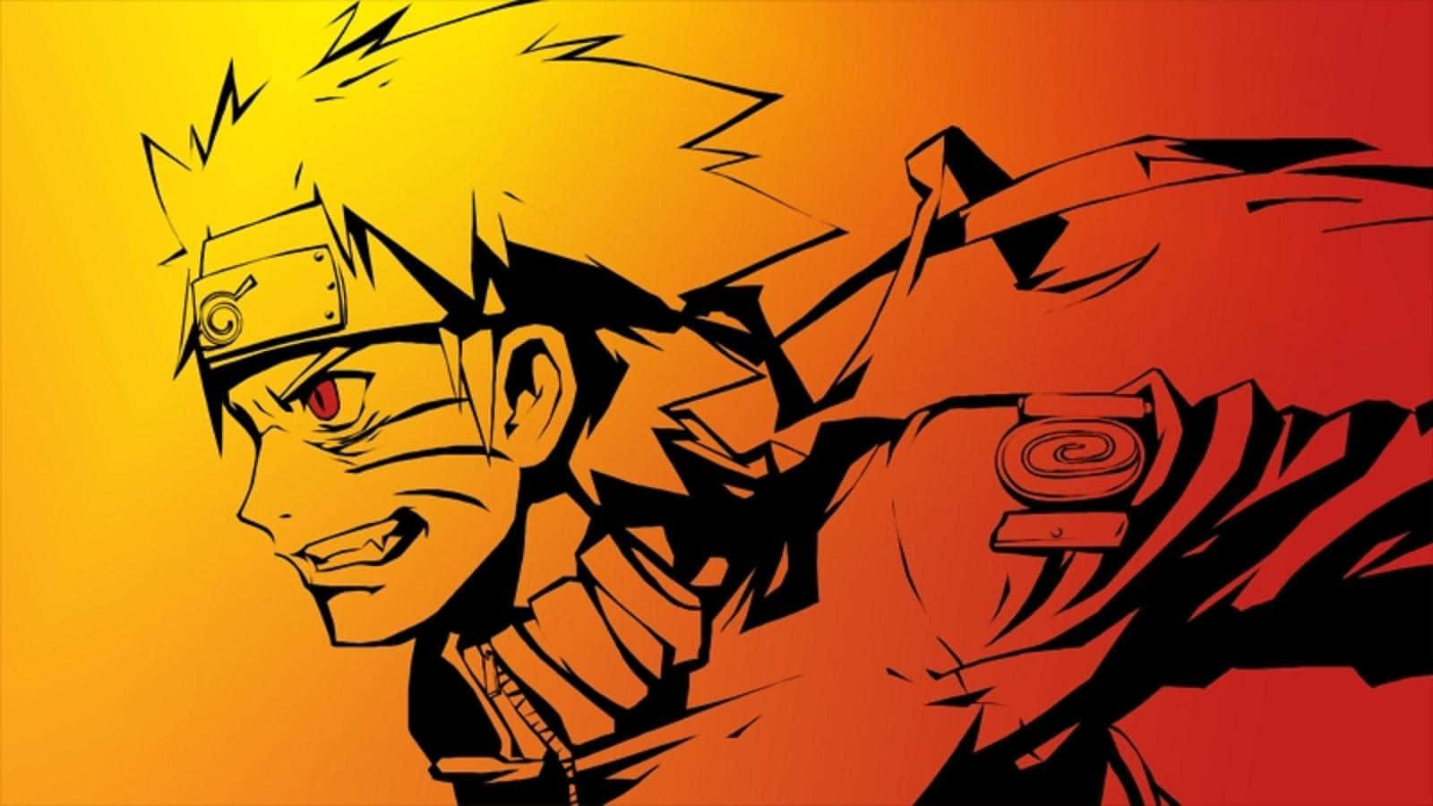 Dope Naruto 桌布 壁紙 — 動漫角色鳴人以動態姿勢呈現，背景為火熱的橙黃漸變色。