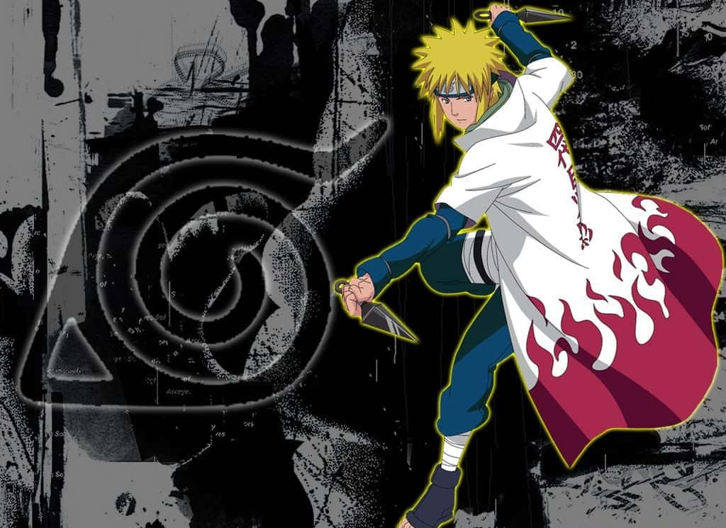 Fourth Hokage 桌布 壁紙 — 動漫角色鳴人以動態姿勢揮舞苦無，背景為粗糙的黑白漩渦螺旋。