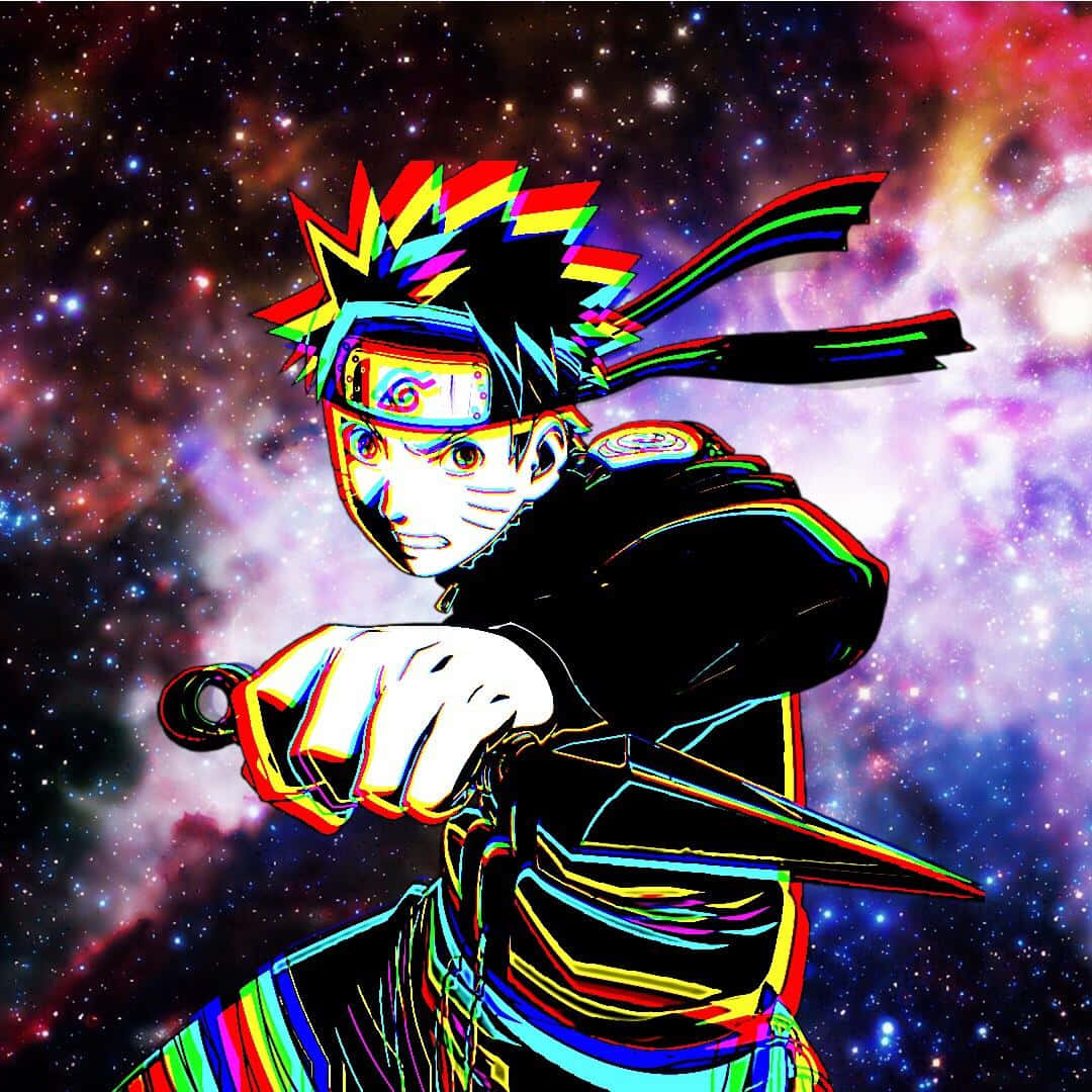 Naruto Anime 桌布 壁紙 — 動漫角色鳴人以動態姿勢站在充滿活力的宇宙星雲前，帶有彩虹輪廓。