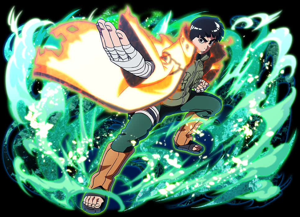 Anime Character 桌布 壁紙 — 動漫角色鳴人以動態姿勢被旋轉的綠色和橙色查克拉能量包圍，背景為黑色。