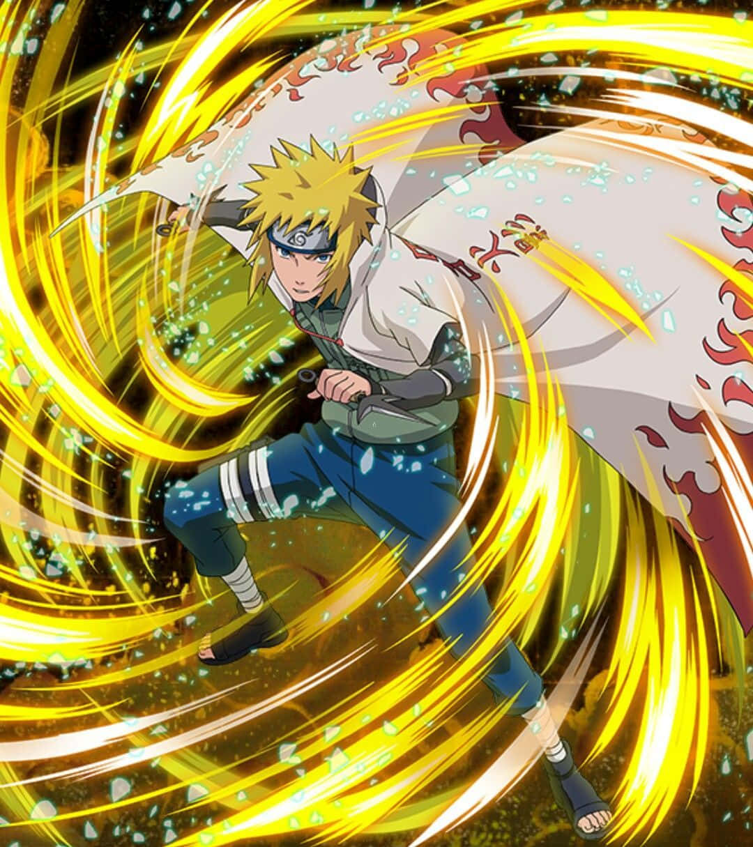 Fourth Hokage 桌布 壁紙 — 動漫角色鳴人以動態姿勢被旋轉的金色查克拉能量和發光粒子包圍。