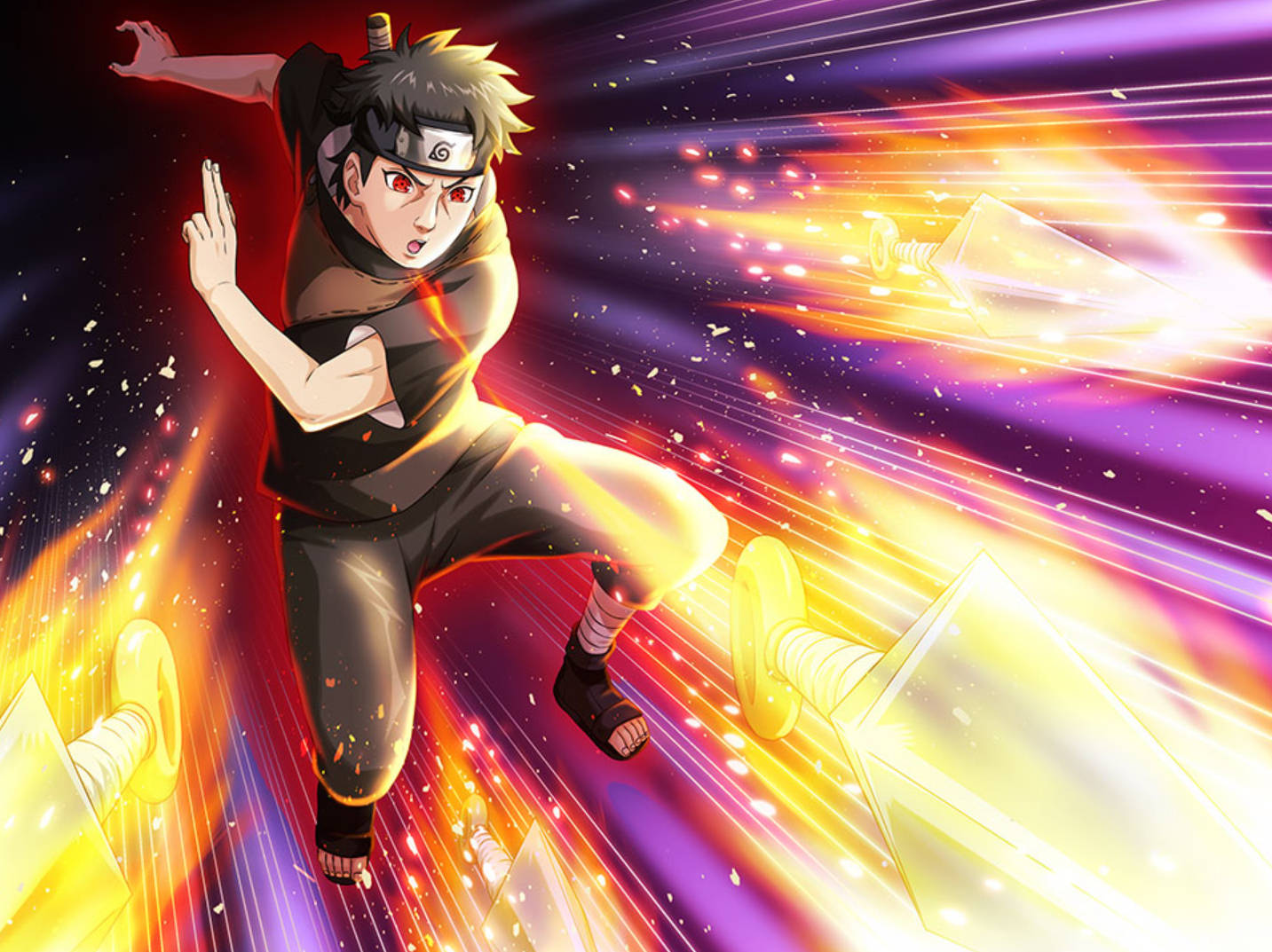 Shisui 桌布 壁紙 — 動漫角色鳴人以動態姿勢釋放火焰苦無，周圍環繞著爆炸性能量條紋，背景為宇宙紫色。