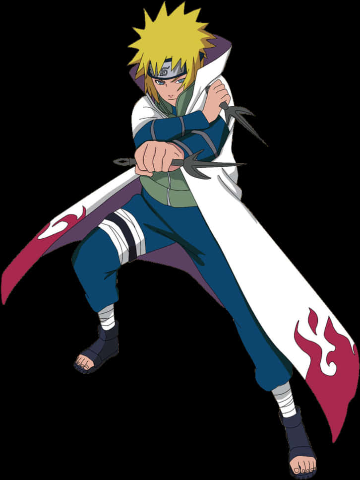 minato namikaze 桌布 壁紙 — 動漫角色鳴人以動態戰鬥姿勢手持苦無刀，背景為黑色。