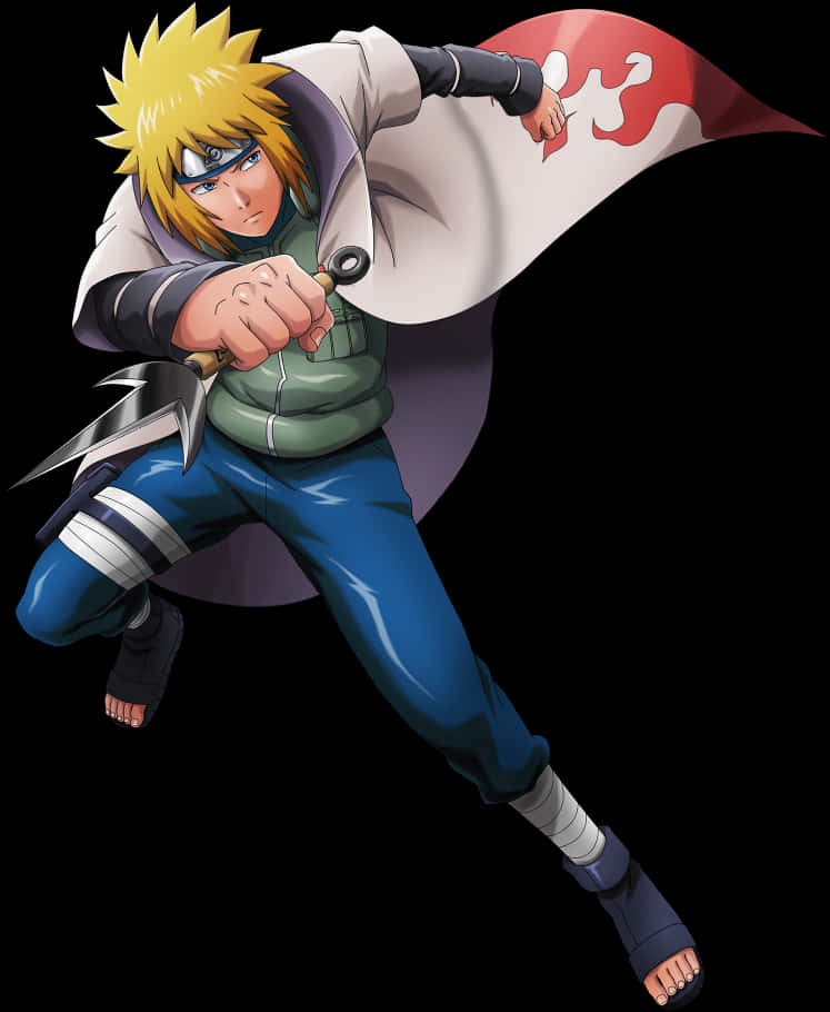 minato namikaze 桌布 壁紙 — 動漫角色鳴人以動態戰鬥姿勢揮舞苦無刀，背景為黑色。