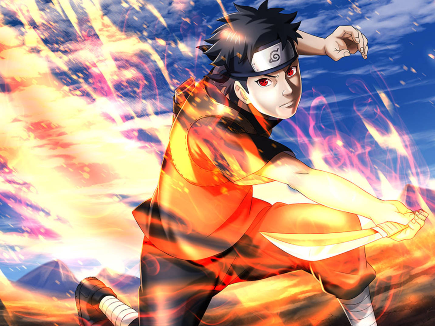 Shisui 桌布 壁紙 — 動漫角色鳴人以火熱的橙色查克拉模式動態攻擊，背景是鮮豔的天空和下方的山脈。