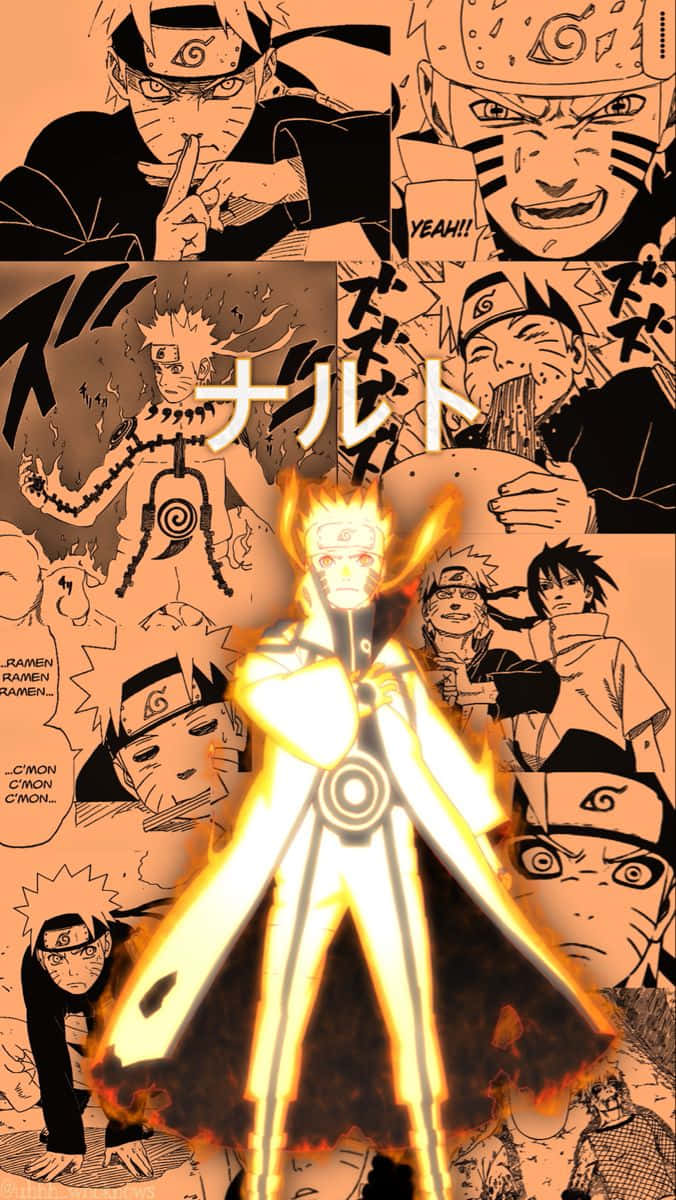 Naruto Nine Tails 桌布 壁紙 — 動漫角色鳴人以發光的黃色查克拉模式出現，周圍環繞著他表情和場景的漫畫面板。