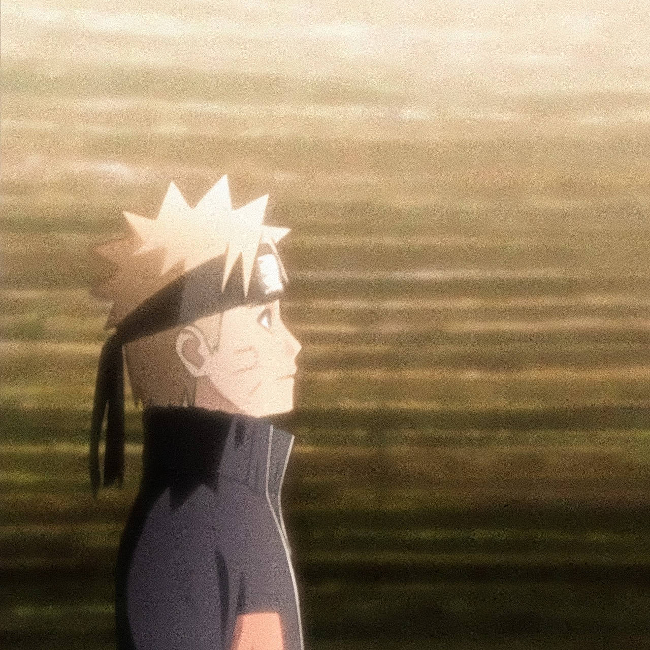 Naruto Anime 桌布 壁紙 — 動漫角色鳴人側身站立，背景是柔和陽光下朦朧的金色田野。