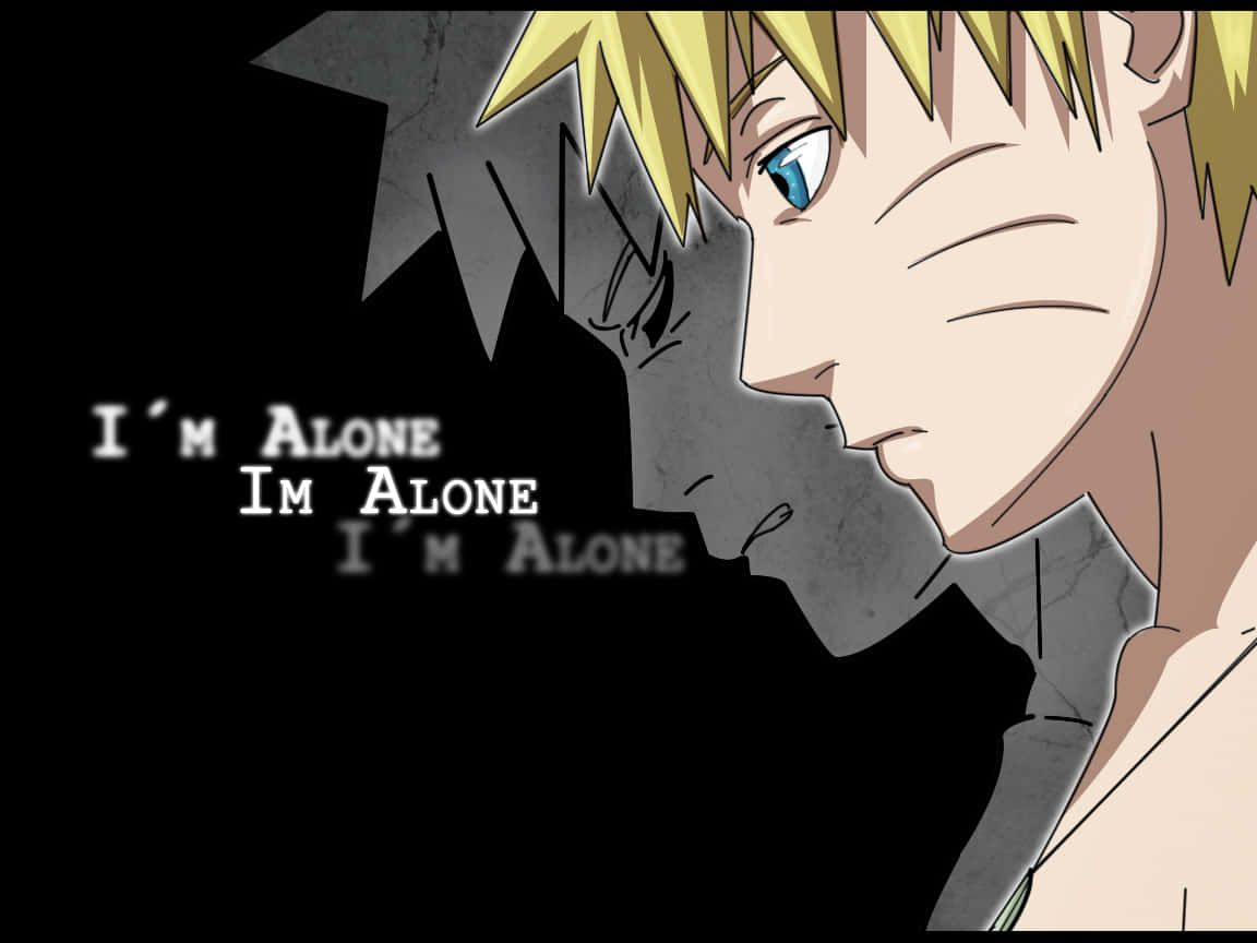 Naruto Alone 桌布 壁紙 — 動漫角色鳴人側面，帶有幽靈般的陰影重複「我獨自一人」，背景為黑色。