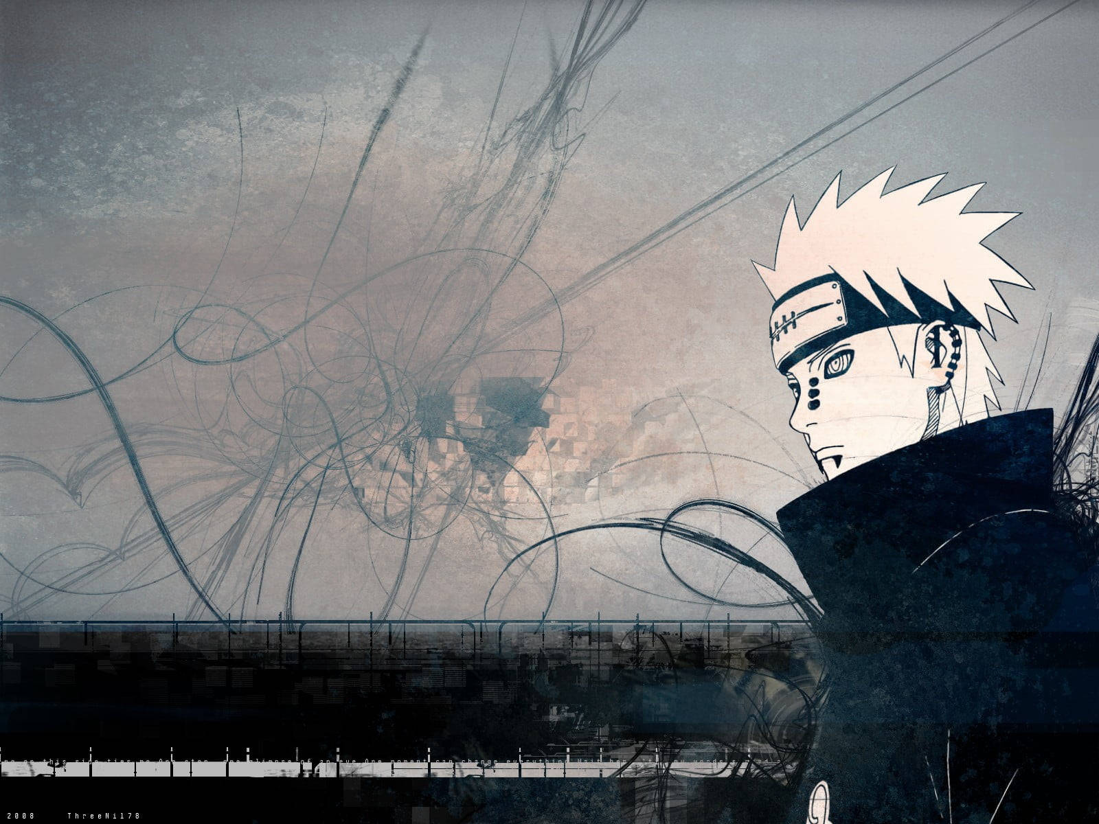 pain naruto 桌布 壁紙 — 動漫角色鳴人側面，背景為混亂抽象，帶有旋轉的暗線和柔和色調。