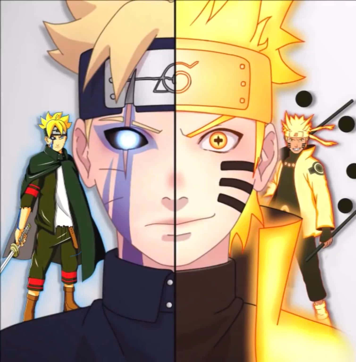 Dope Naruto 桌布 壁紙 — 動漫角色鳴人分裂面孔，顯示兩個版本，帶有發光的眼睛和查克拉光環，被其他角色包圍。