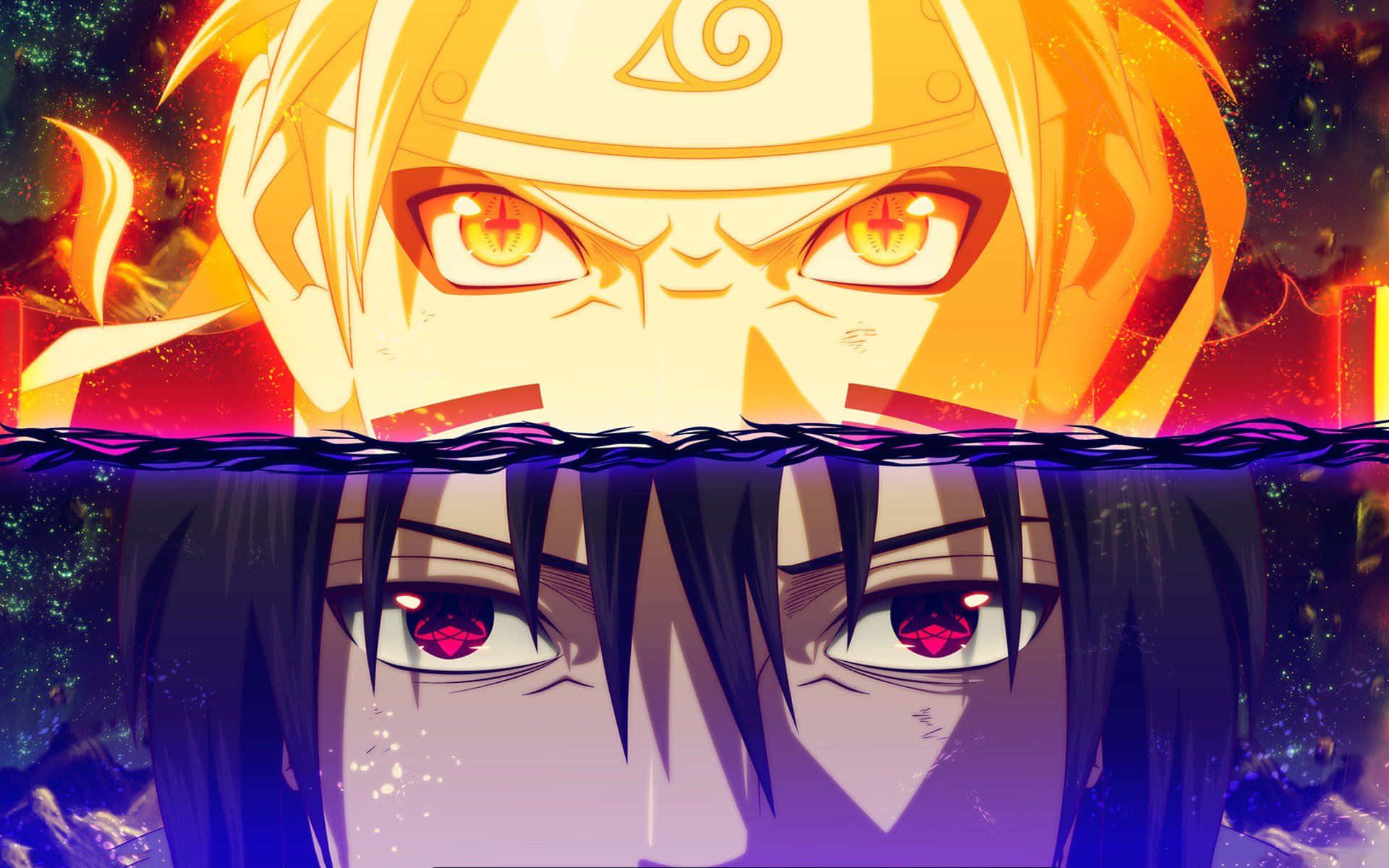 Naruto Eyes 桌布 壁紙 — 動漫角色鳴人和佐助以被水分隔的熾熱眼睛對峙，在宇宙背景下發光。