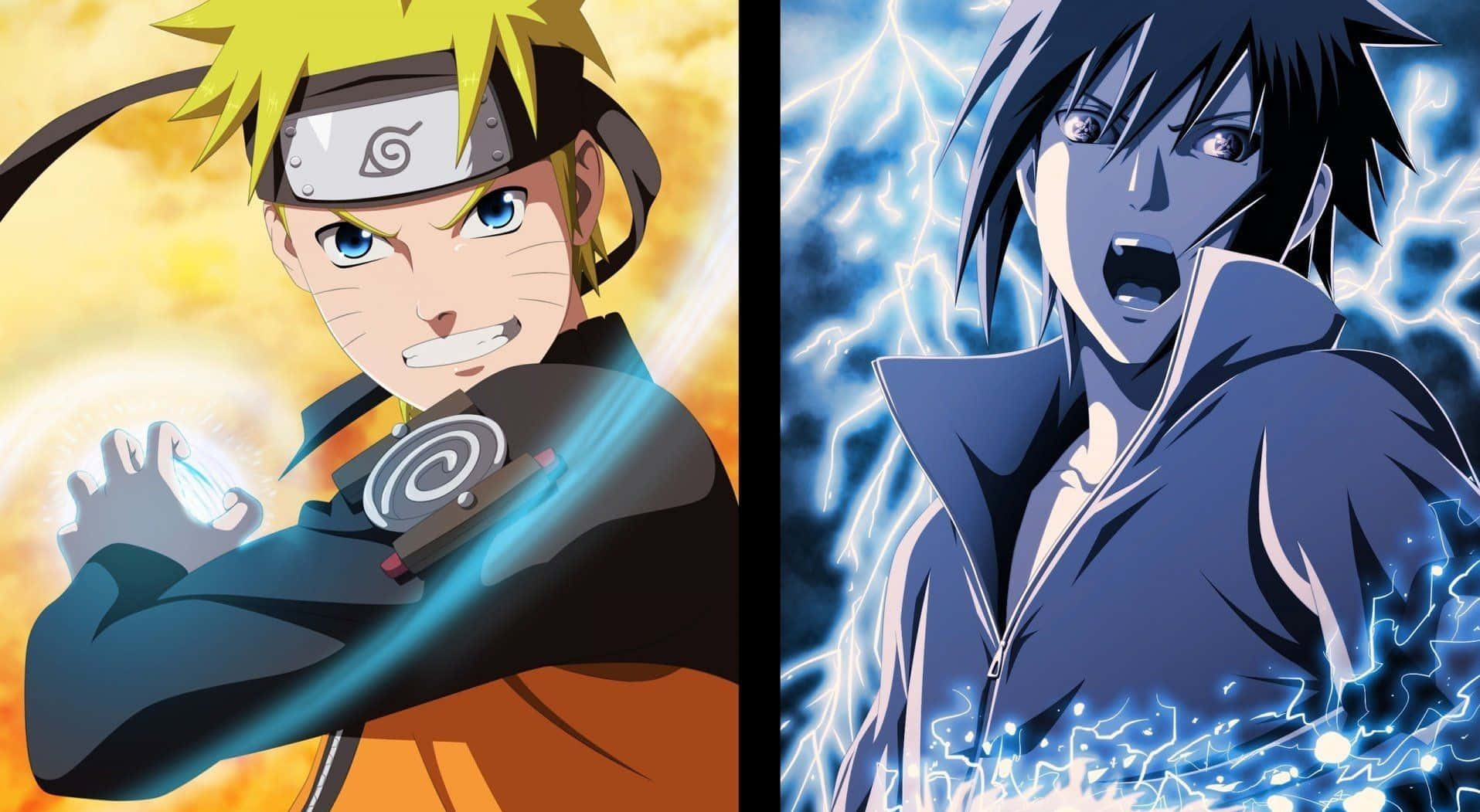 sasuke uchiha 桌布 壁紙 — 動漫角色鳴人和佐助在對比鮮明的火焰和電光背景下，以動感十足的動作姿勢碰撞，散發著發光的查克拉。