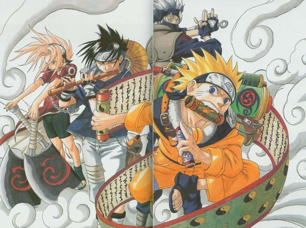 Team 7 Naruto 桌布 壁紙 — 動漫角色鳴人和佐助在旋轉的雲層和動態動作線中使用苦無和卷軸戰鬥。