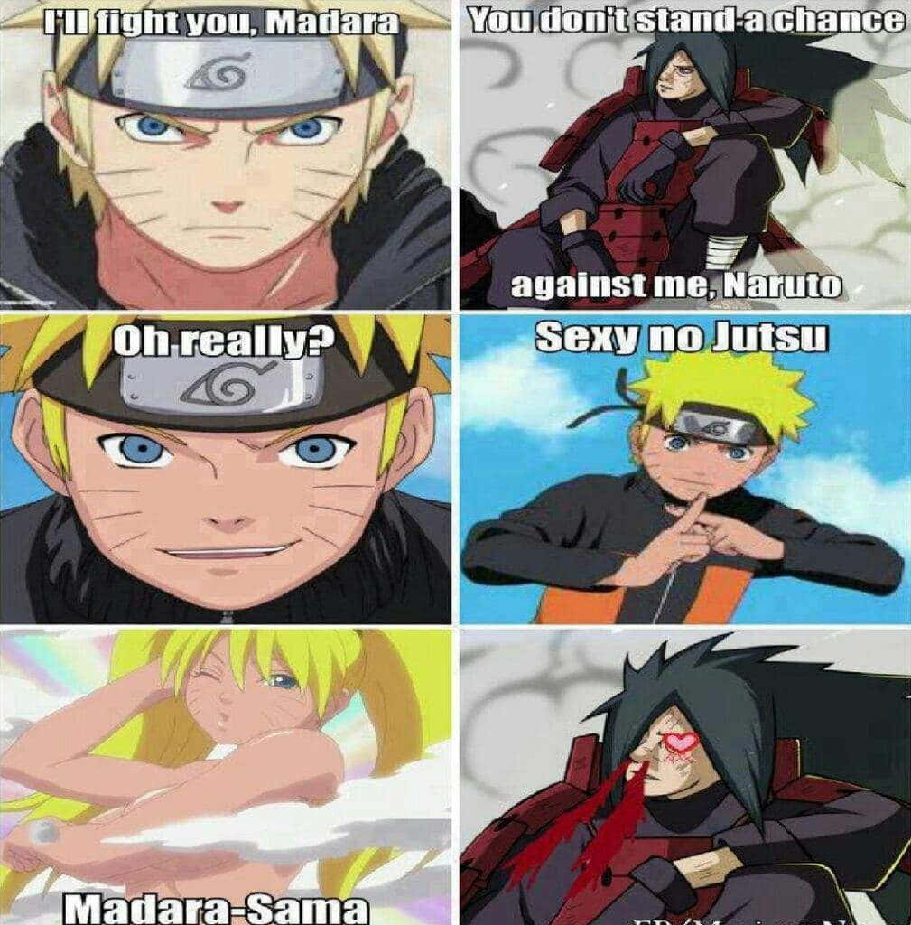 Funny Naruto 桌布 壁紙 — 動漫角色鳴人和斑以文字疊加和誇張的表情進行幽默的智慧對決。