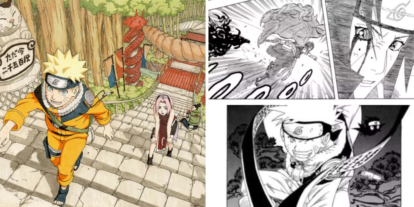 Naruto Manga 桌布 壁紙 — 動漫角色鳴人和櫻在一個有紅色龍雕像的村莊奔跑，而黑白動作面板顯示激烈的戰鬥。