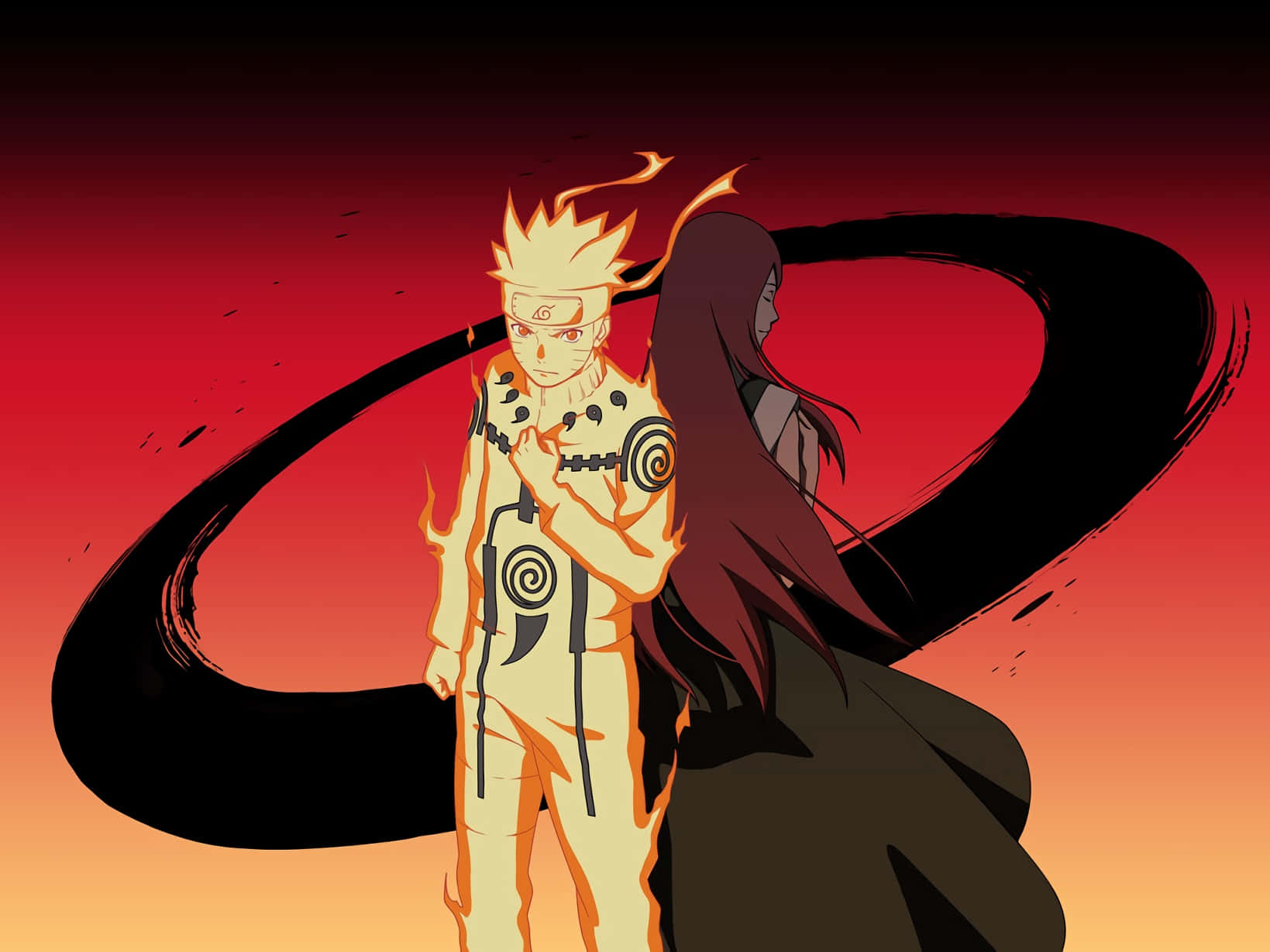 Kushina Uzumaki 桌布 壁紙 — 動漫角色鳴人和雛田背對著火紅的夕陽，身後有旋轉的黑色查克拉印記。