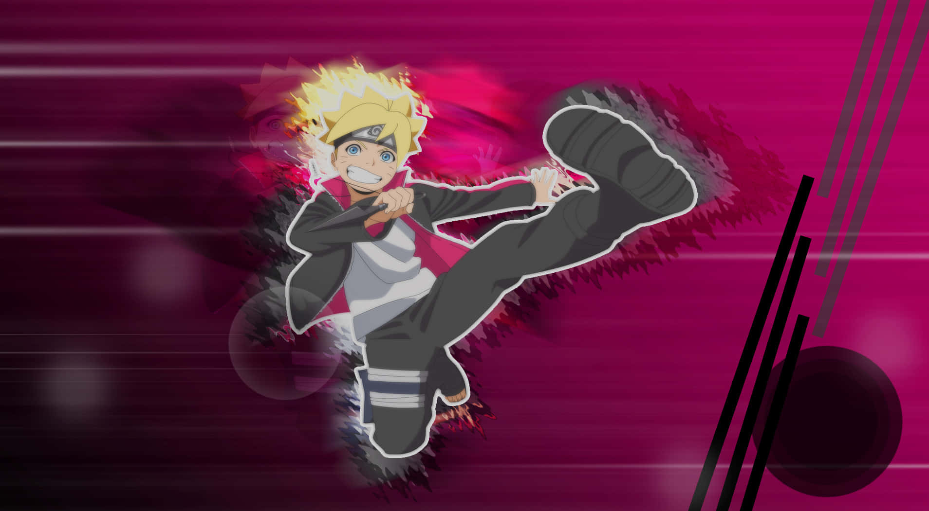 Boruto Naruto Next Generations 桌布 壁紙 — 動漫角色鳴人在充滿活力的洋紅色背景上執行高踢腿，並帶有動態模糊效果。