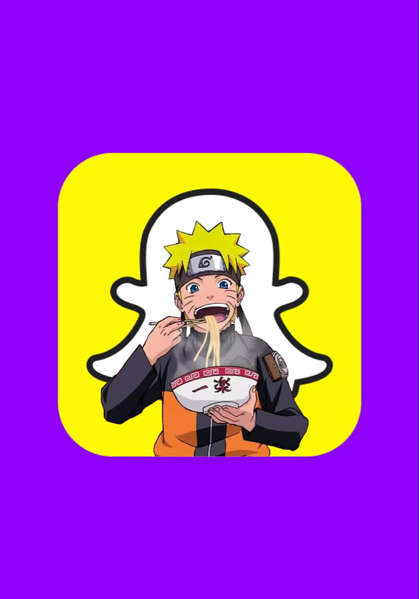 Snapchat 桌布 壁紙 — 動漫角色鳴人在充滿活力的紫色背景上，於Snapchat鬼魂圖示內開心吃拉麵。