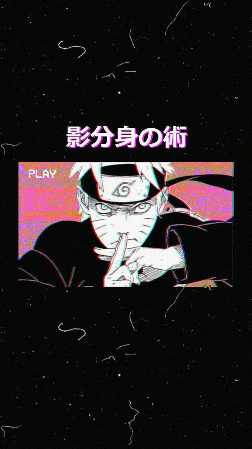 Naruto Aesthetic Phone 桌布 壁紙 — 動漫角色鳴人在帶有故障效果的黑色背景上，搭配粉紅色文字施展影分身之術。