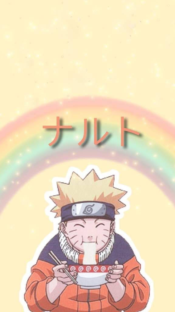 Yellow Naruto 桌布 壁紙 — 動漫角色鳴人在柔和的黃色背景下，在發光的彩虹下開心地吃拉麵。