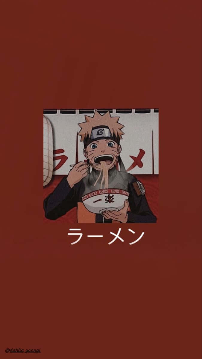 Naruto Ramen 桌布 壁紙 — 動漫角色鳴人在深紅色背景下，開心地從冒著蒸氣的碗中吸食拉麵。