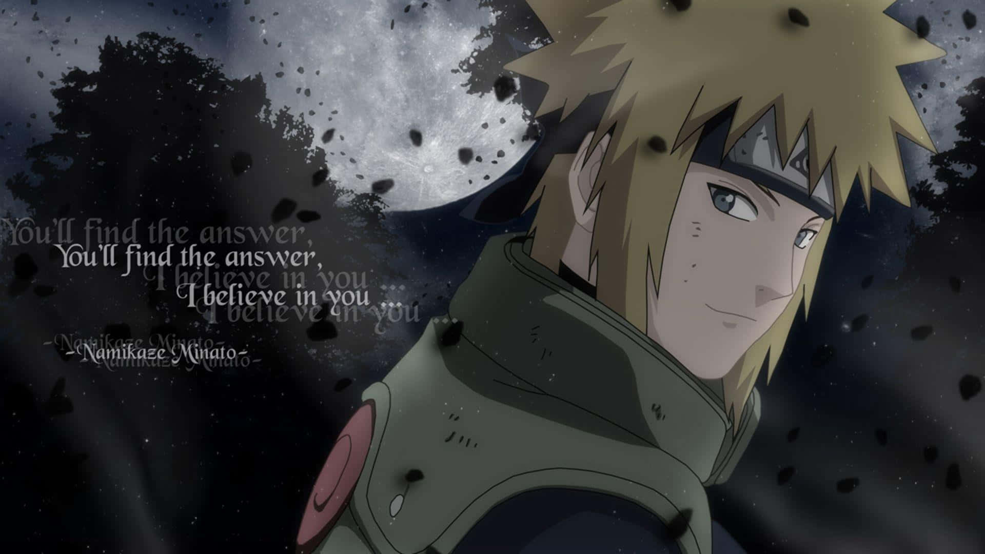 Naruto Alone 桌布 壁紙 — 動漫角色鳴人在滿月下，有落葉和勵志語句覆蓋。