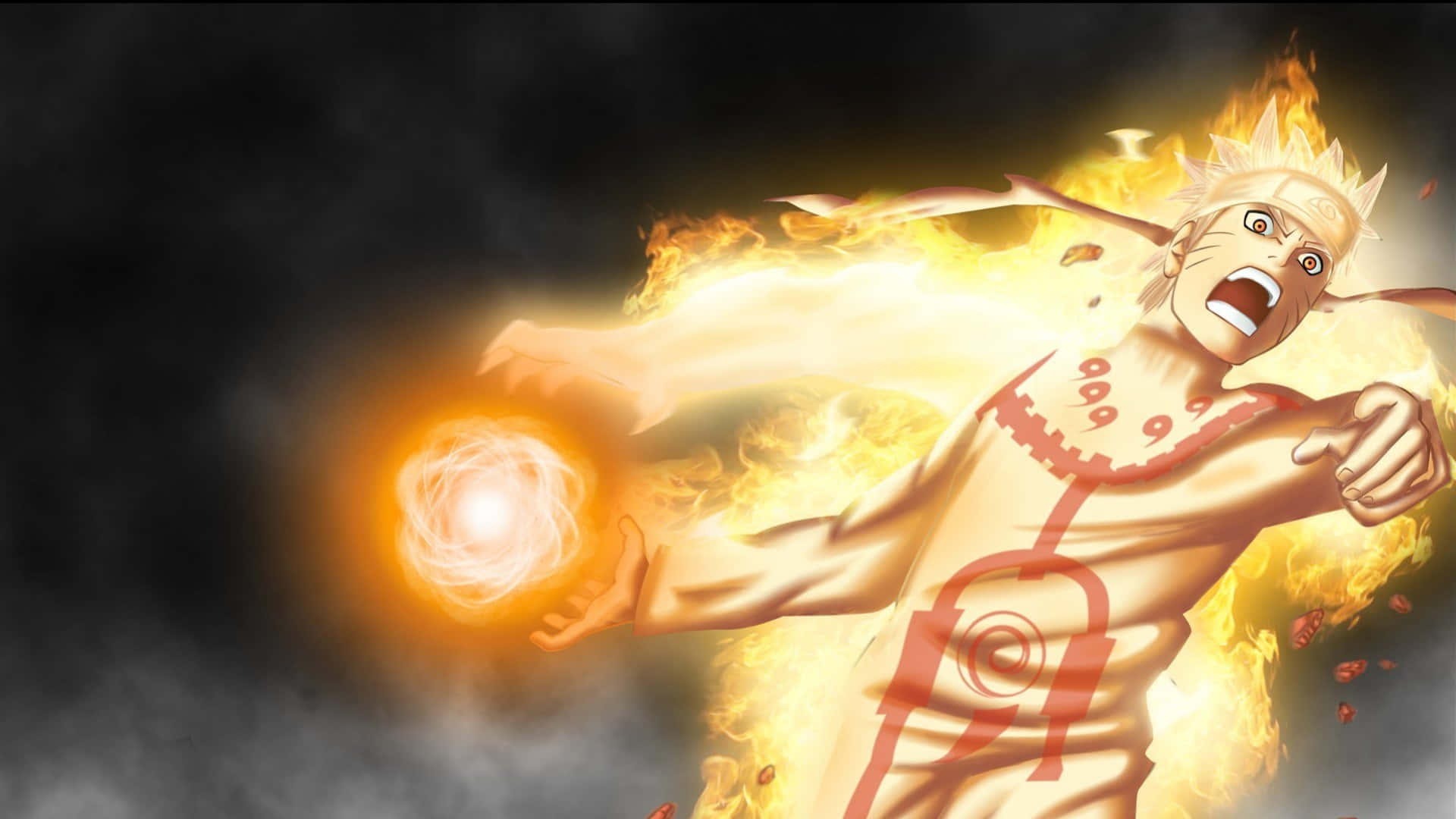 Naruto Rasengan 桌布 壁紙 — 動漫角色鳴人在火紅的九尾查克拉模式下，在黑暗煙霧背景中釋放出發光的橙色螺旋丸。