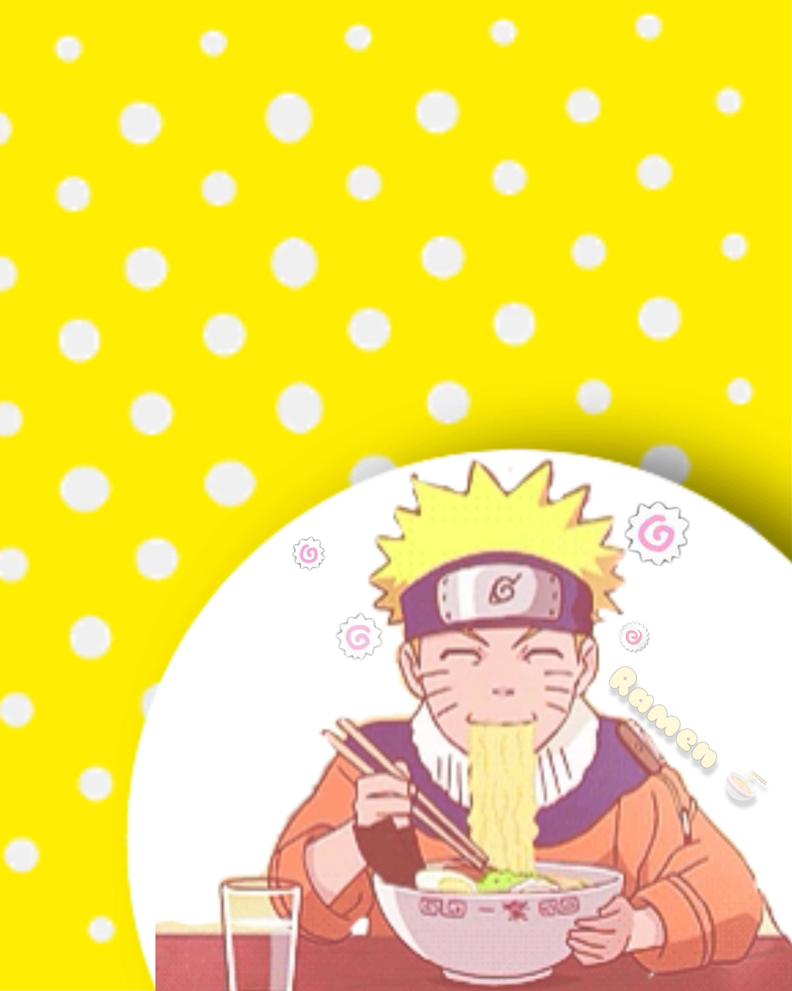 Naruto Ramen 桌布 壁紙 — 動漫角色鳴人在鮮黃色圓點背景前，開心地吃著拉麵。