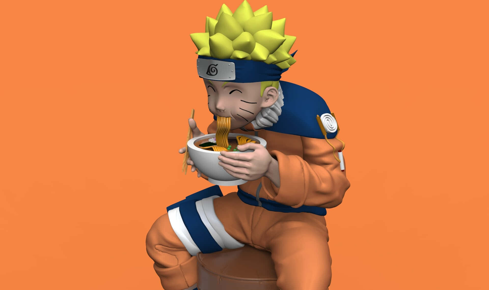 Naruto Ramen 桌布 壁紙 — 動漫角色鳴人坐在凳子上，在純橙色背景前，開心地吃著碗裡的拉麵。