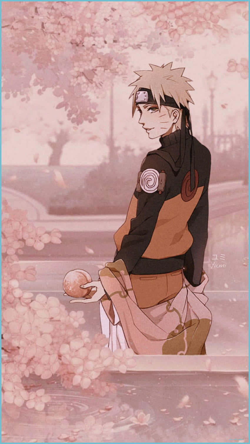 Naruto Aesthetic Phone 桌布 壁紙 — 動漫角色鳴人平靜地坐在飄落的櫻花下，在柔和的粉紅薄霧中手持發光球體。