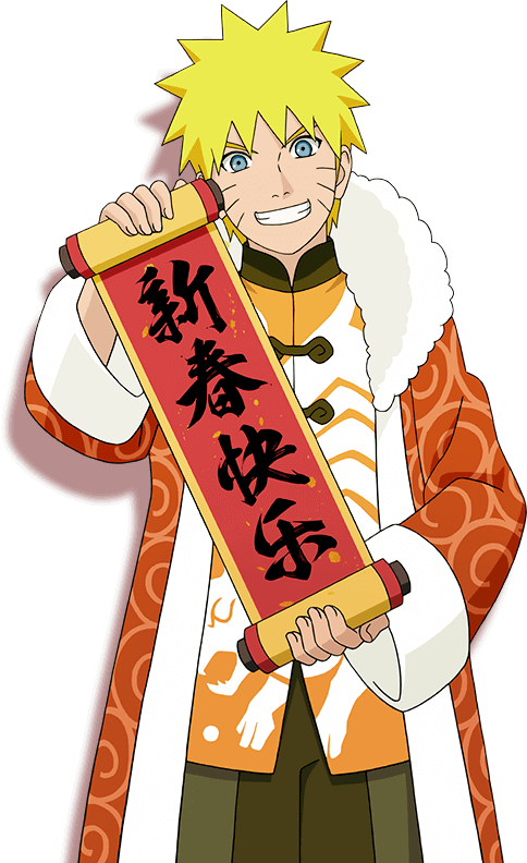 漩渦鳴人 桌布 壁紙 — 動漫角色鳴人手持紅色卷軸，上面有農曆新年祝福語，背景為黑色。