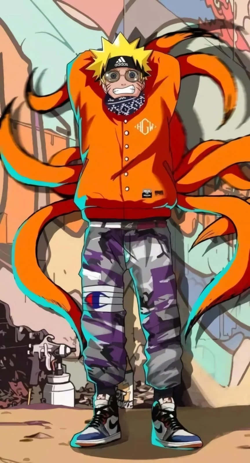 Naruto Anime 桌布 壁紙 — 動漫角色鳴人擁有九條橙色尾巴，自信地站在城市塗鴉環境中，穿著時尚街頭服飾。
