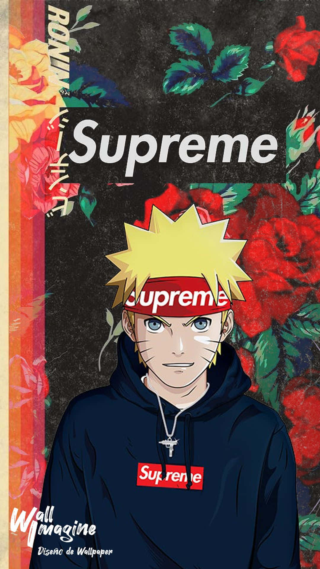 supreme 桌布 壁紙 — 動漫角色鳴人穿著 Supreme 連帽衫，背景為深色花卉圖案，帶有鮮豔的紅玫瑰和日文字。