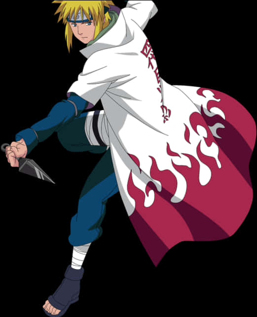 minato namikaze 桌布 壁紙 — 動漫角色鳴人穿著帶有紅色火焰圖案的白色斗篷，手持苦無刀，在黑色背景下擺出動態姿勢。