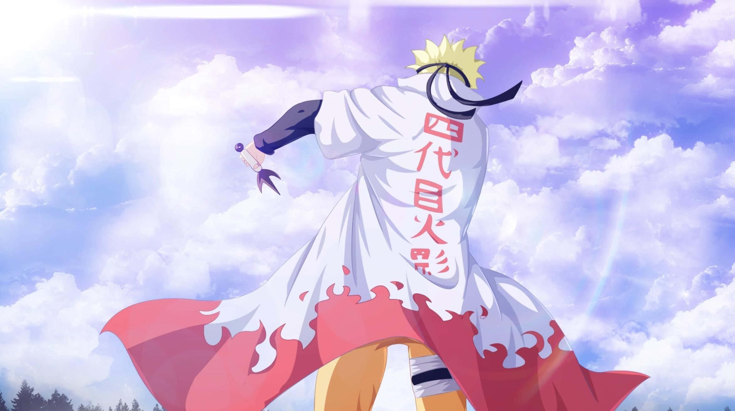 minato namikaze 桌布 壁紙 — 動漫角色鳴人穿著帶有紅色火焰圖案的白色斗篷，英勇地站在明亮的陰天天空下。