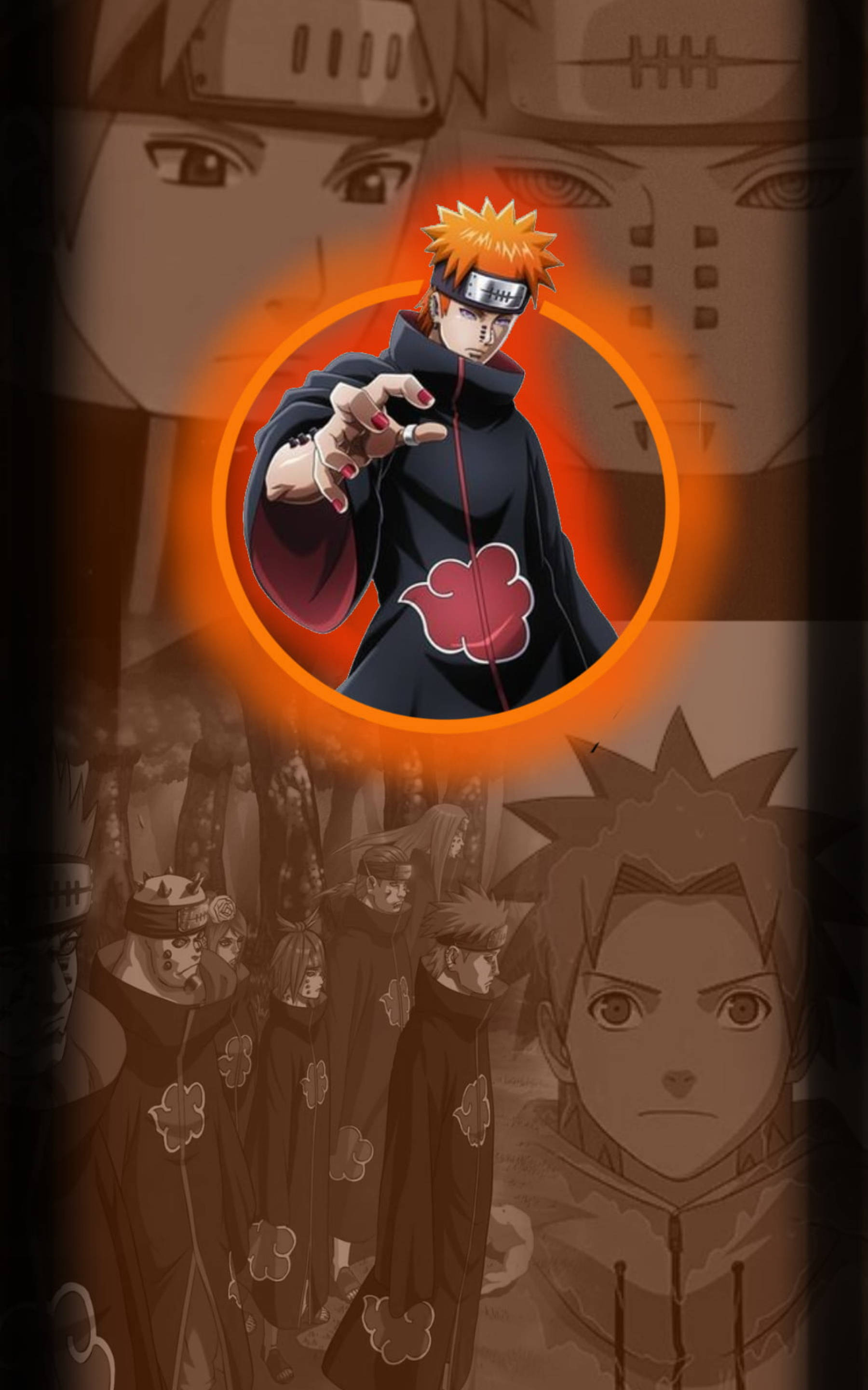 akatsuki phone 桌布 壁紙 — 動漫角色鳴人穿著曉組織斗篷，被發光的橙色圓圈包圍，背景有模糊的隊友。