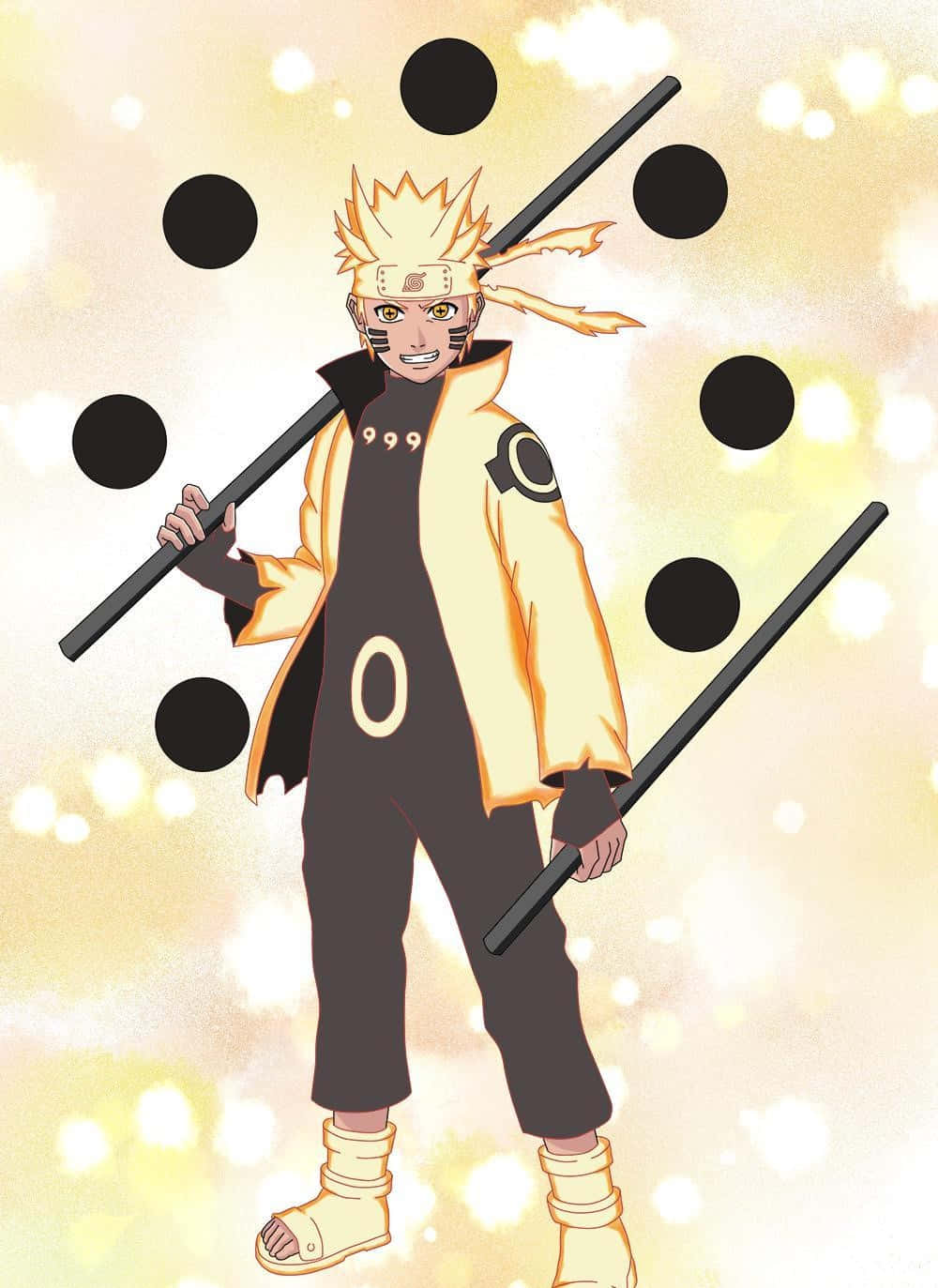 Sage Of Six Paths 桌布 壁紙 — 動漫角色鳴人穿著橙色和黑色服裝，手持兩根法杖，背景是帶有黑色圓圈的發光金色背景。