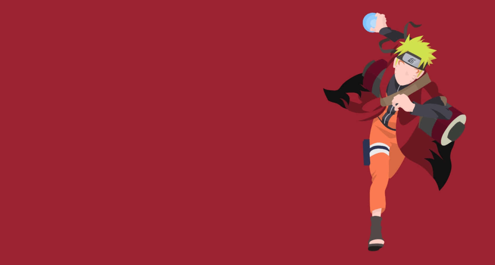 Naruto Sage Mode 桌布 壁紙 — 動漫角色鳴人穿著橙色連身衣和紅色斗篷，在純深紅色背景上動態跳躍。