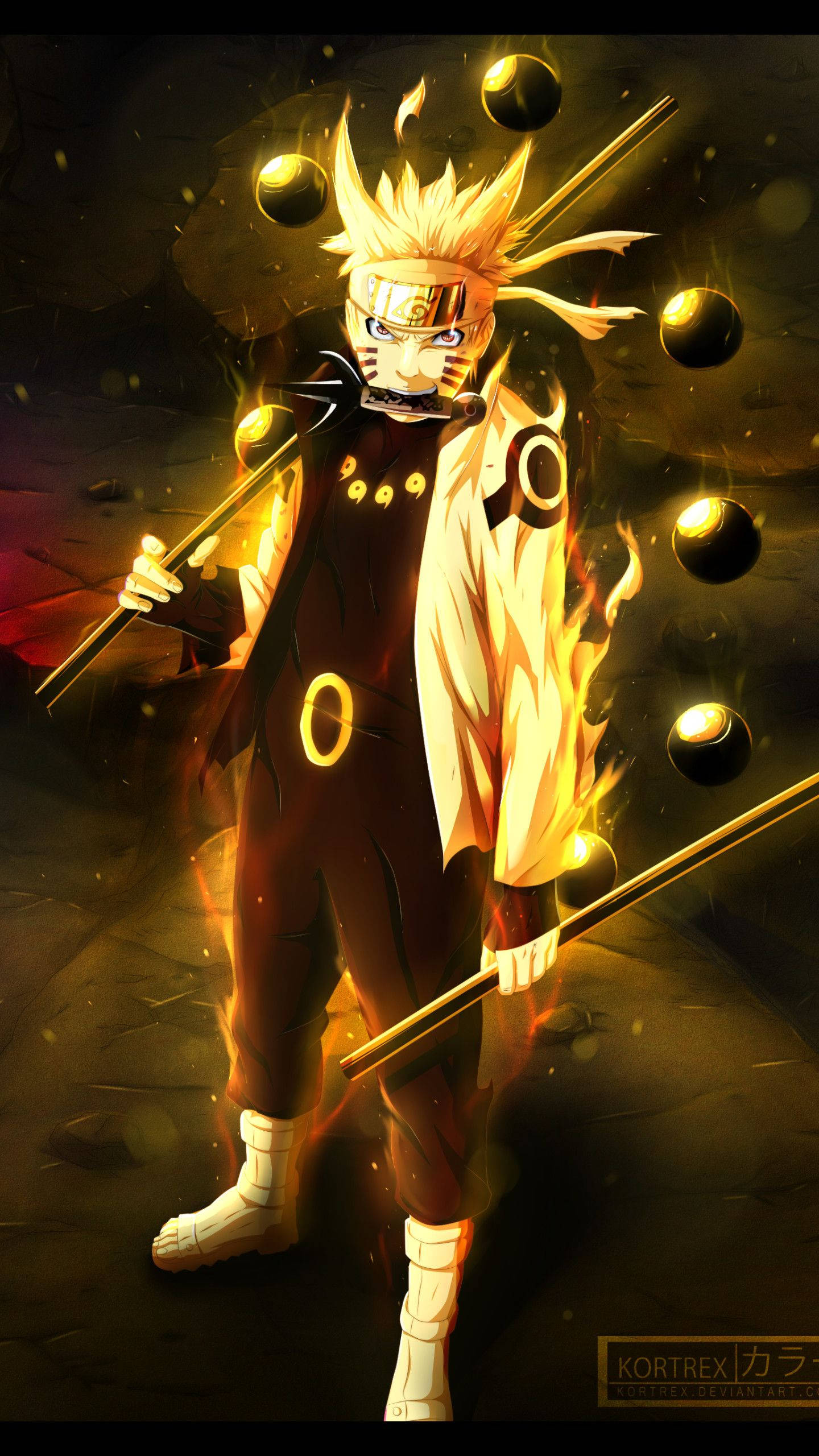 Naruto Nine Tails 桌布 壁紙 — 動漫角色鳴人穿著火熱的橙色和黑色服裝，在黑暗背景下被發光球體和火焰包圍。