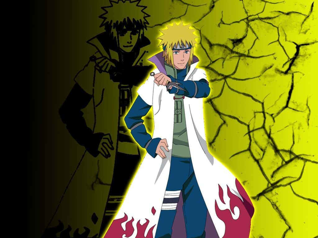 Fourth Hokage 桌布 壁紙 — 動漫角色鳴人穿著白色斗篷，手持苦無，站在裂紋黃色背景前，身後有一個陰影人物。