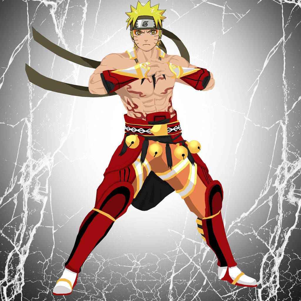 Uzumaki Clan 桌布 壁紙 — 動漫角色鳴人穿著紅黑戰鬥裝備，在裂紋大理石背景下擺出動態戰鬥姿勢。