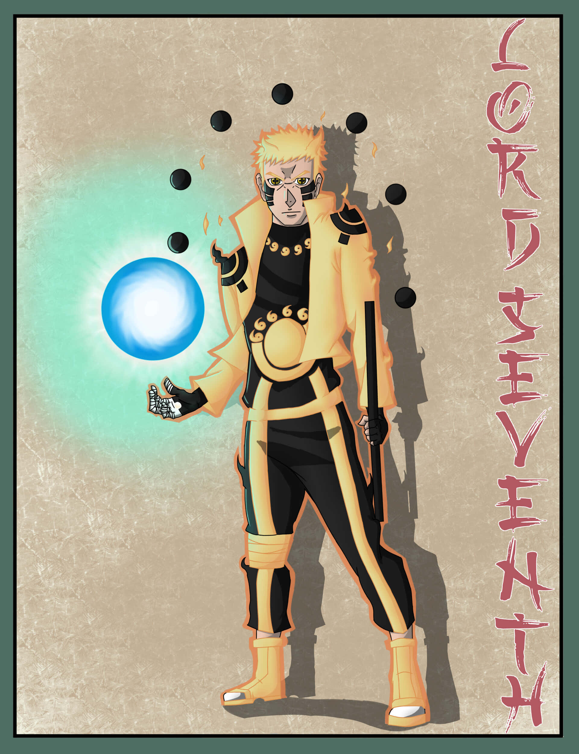 Naruto Kage 桌布 壁紙 — 動漫角色鳴人穿著黃黑服裝，手持發光藍色球體，周圍漂浮著黑色球體。