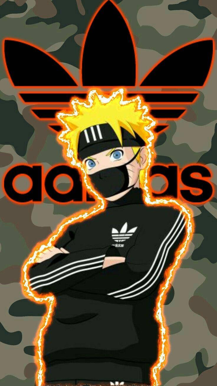 火影忍者 桌布 壁紙 — 動漫角色鳴人穿著黑色Adidas運動服，在迷彩背景下散發出橙色光芒。