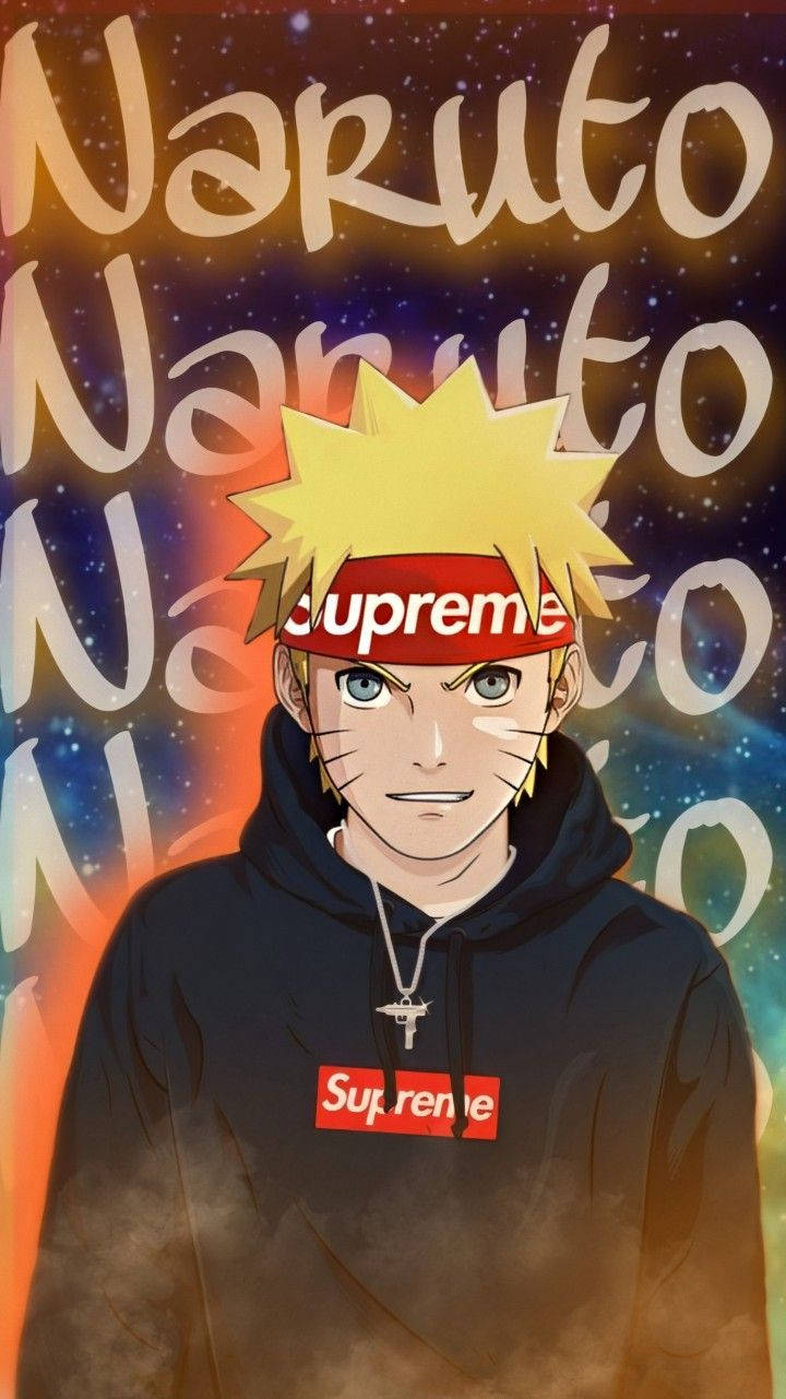 火影忍者 Supreme 桌布 壁紙 — 動漫角色鳴人穿著黑色Supreme連帽衫，背景為宇宙，帶有重複的鳴人文字。