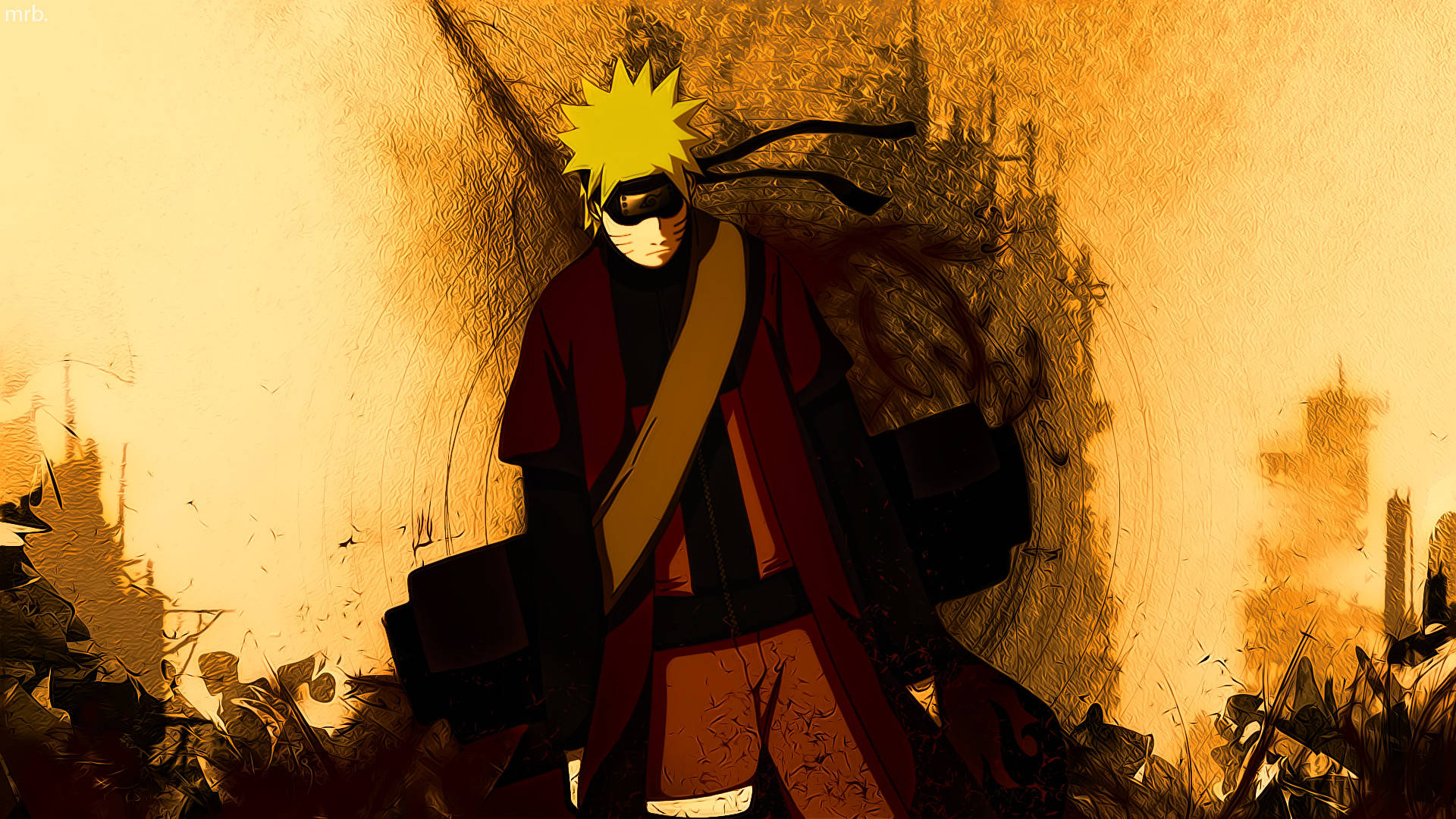 Naruto HD 桌布 壁紙 — 動漫角色鳴人站在一個破碎的金色戰場上，周圍有碎片飛舞。