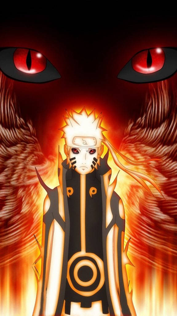 Naruto HD 桌布 壁紙 — 動漫角色鳴人站在熾熱的橙色光芒中，身後有發光的紅色眼睛在黑暗背景中隱現。