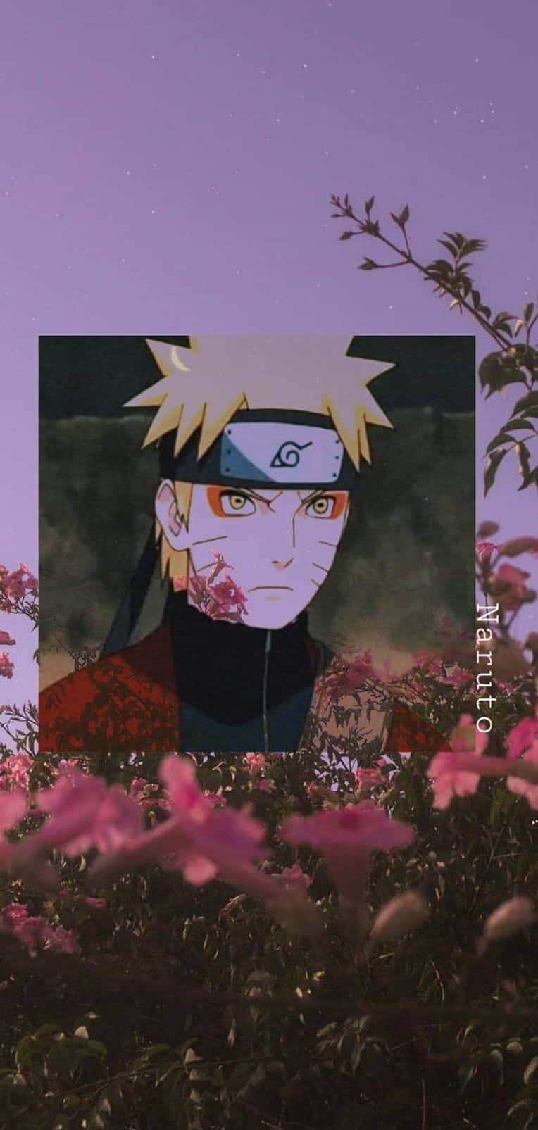 Naruto Aesthetic Phone 桌布 壁紙 — 動漫角色鳴人站在粉紅色花朵中，背景是帶有彎月的星空紫色天空。